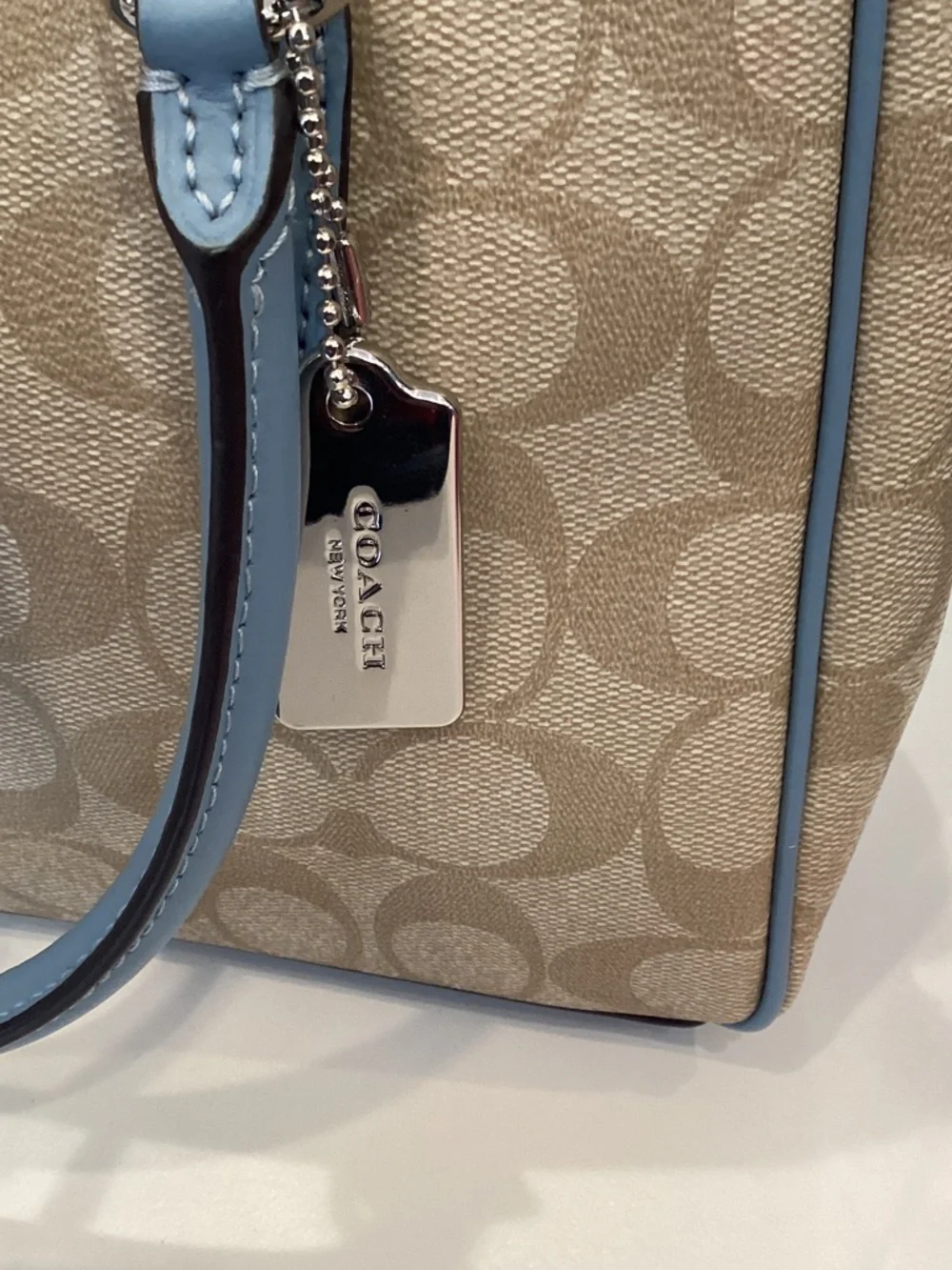 Coach Beige Signature Tote with Light Blue Trim - Picture 2 of 4